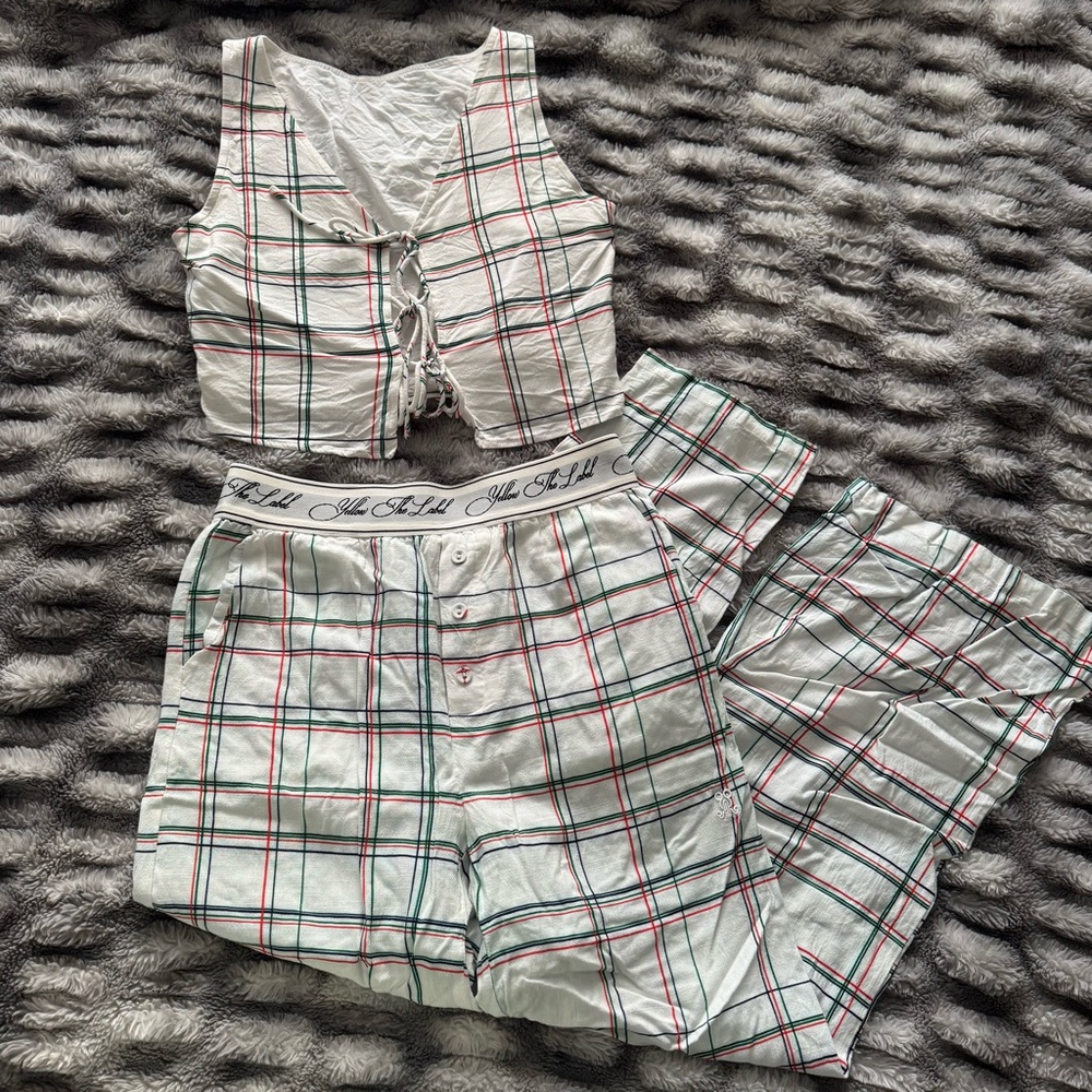 YLLW LEIGHTON REVERSIBLE LINEN TANK TOP DREW PANTS PJ SET yellow the label plaid